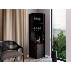 Corner bar cabinet 71" H, with two shelves at the top, 1 glass holder, 8 exterior bottle racks, 1 central shelf and a lower drawer with 2 side doors, black