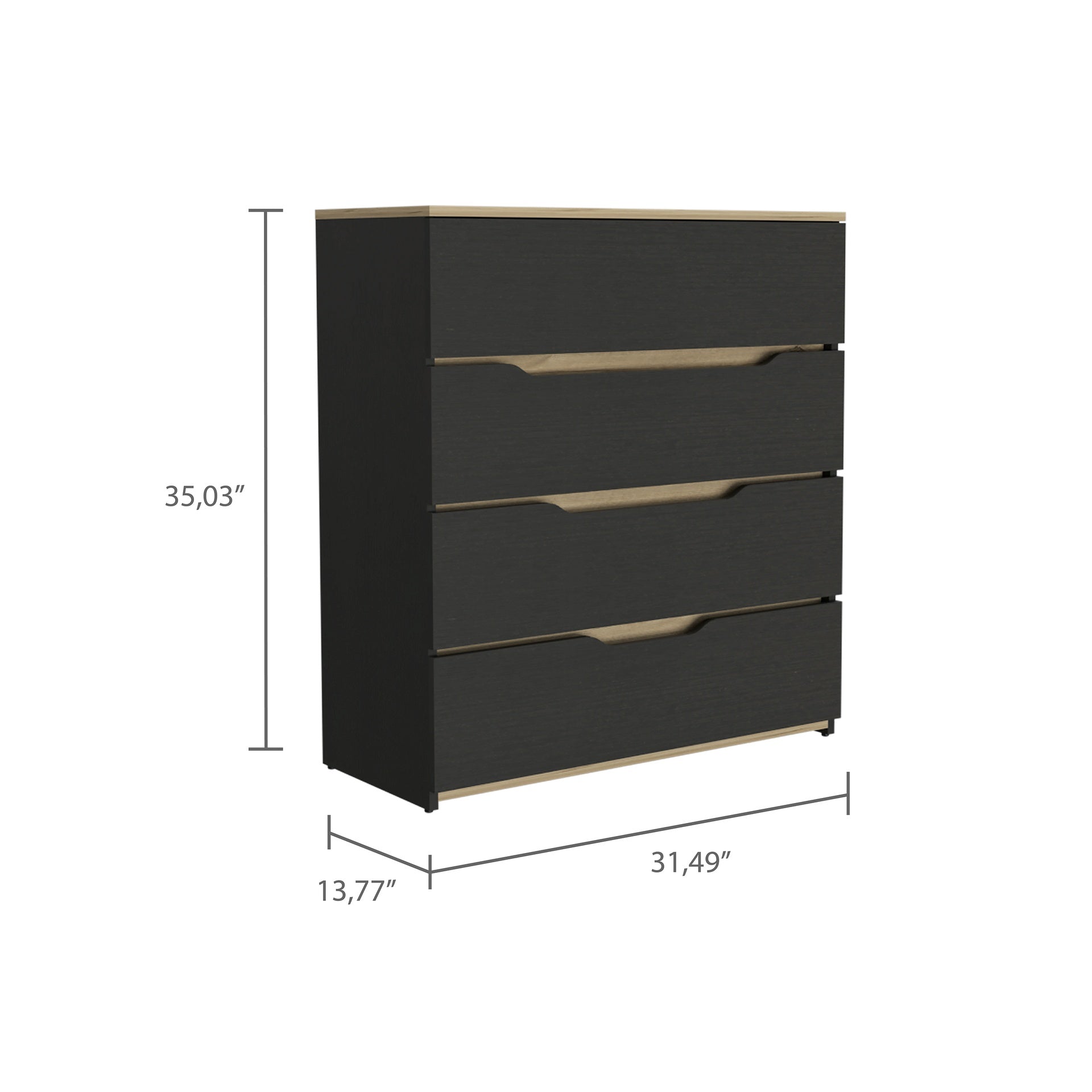 Drawer Dresser 35 inchH, Four Drawers, Superior Top, Black / Light Oak