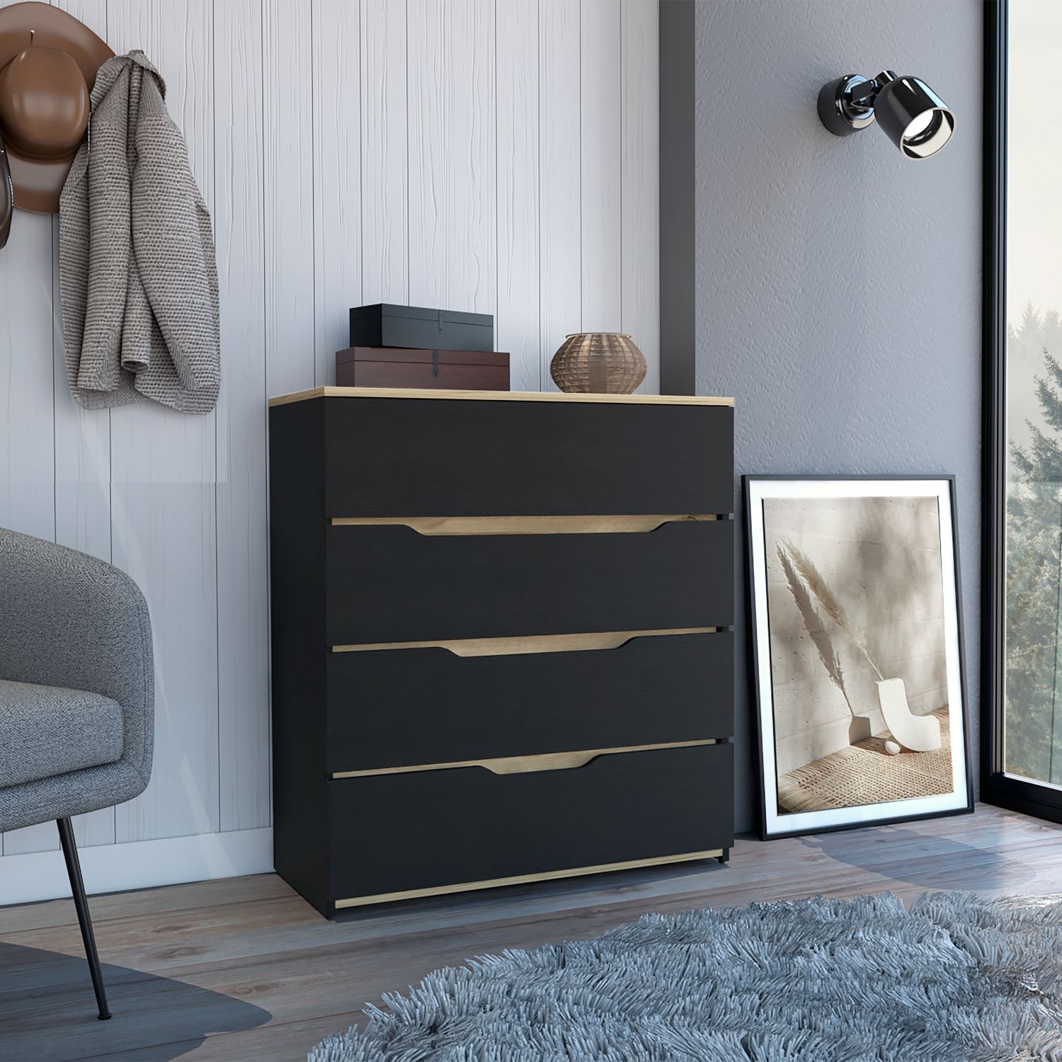 Drawer Dresser 35 inchH, Four Drawers, Superior Top, Black / Light Oak