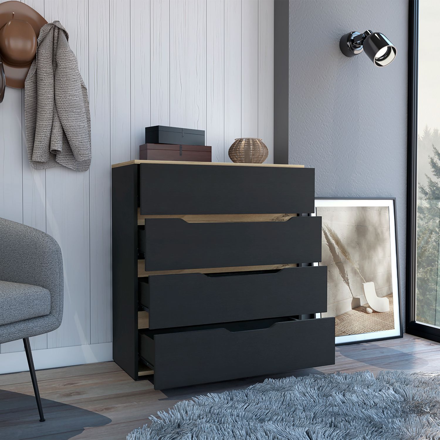 Drawer Dresser 35 inchH, Four Drawers, Superior Top, Black / Light Oak