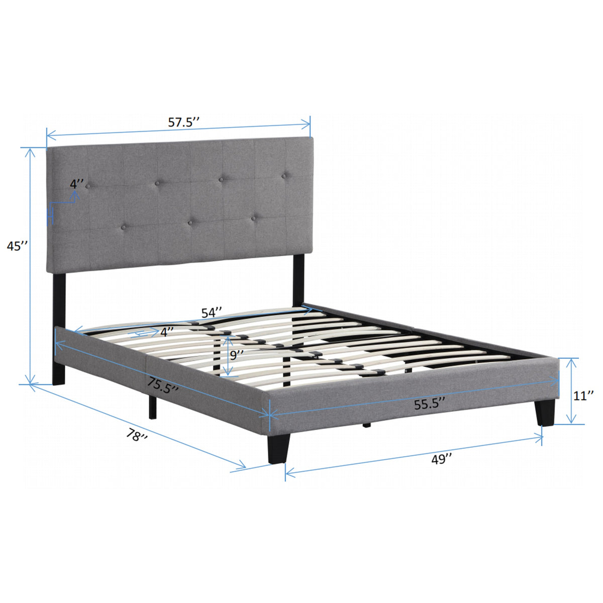 Full Size Upholstered Platform Bed Frame with Modern Button Tufted Linen Fabric Headboard, No Box Spring Needed, Wood Slat Support, Easy Assembly, Grey
