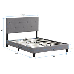 Full Size Upholstered Platform Bed Frame with Modern Button Tufted Linen Fabric Headboard, No Box Spring Needed, Wood Slat Support, Easy Assembly, Grey