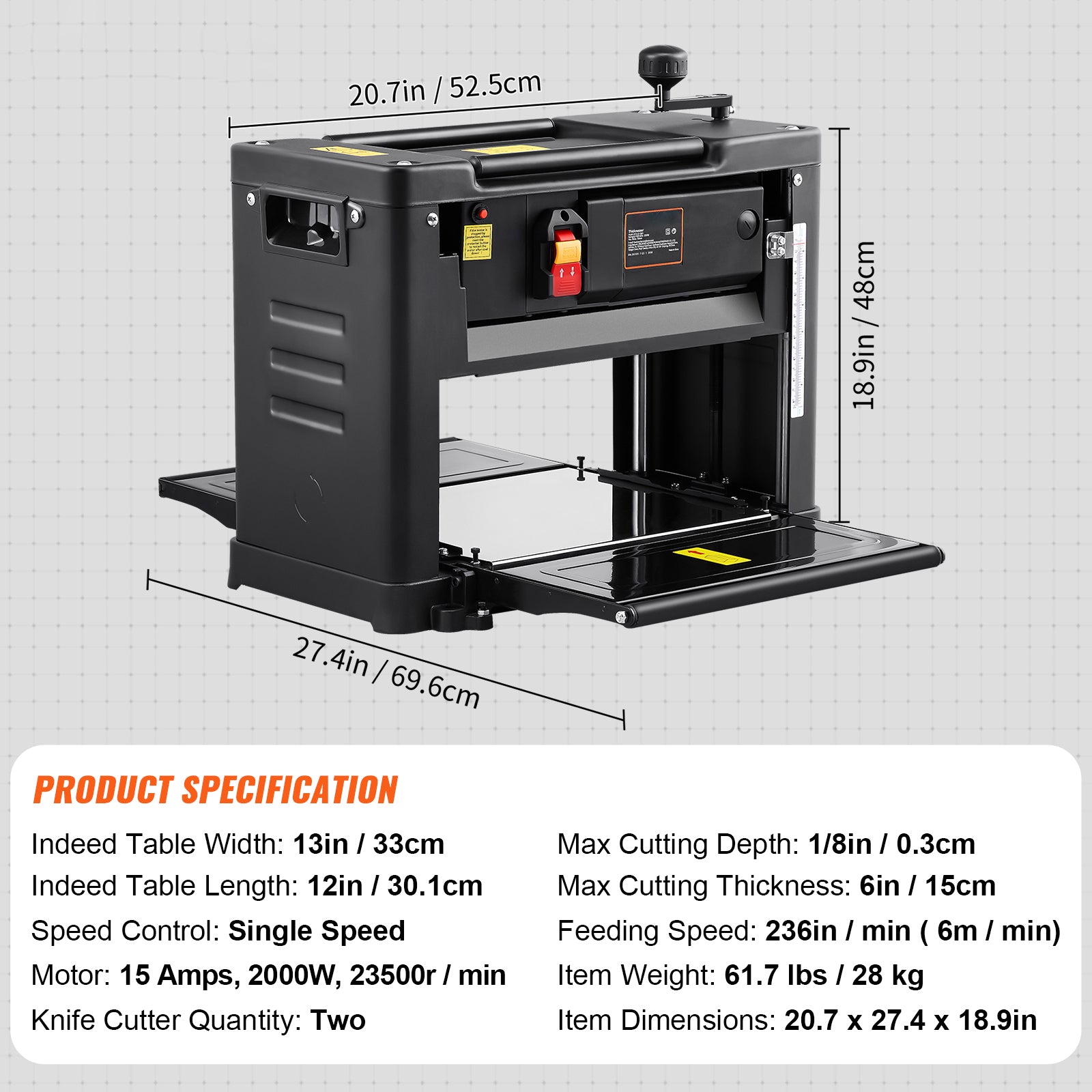 Thickness Planer, Single Speed, 13" Width Worktable Benchtop Planer, Double-Blade, 15-Amp 1800W Powerful Motor, 12" Extended Infeeding Table, Low Noise for both hard & soft wood material removal