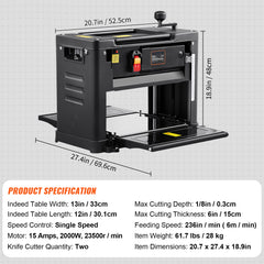 Thickness Planer, Single Speed, 13" Width Worktable Benchtop Planer, Double-Blade, 15-Amp 1800W Powerful Motor, 12" Extended Infeeding Table, Low Noise for both hard & soft wood material removal