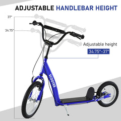 Aosom Youth Scooter Kick Scooter for Kids 5+ with Adjustable Handlebar 16" Front and 12" Rear Dual Brakes Inflatable Wheels, Blue