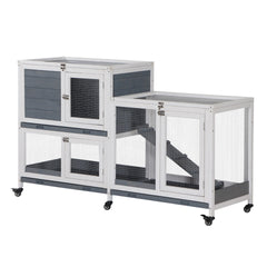 PawHut Wooden Rabbit Hutch Bunny Hutch Elevated Pet House Cage Small Animal Habitat with No Leak Tray Lockable Door Openable Top for Indoor 57.75" x 18" x 32.5" Grey