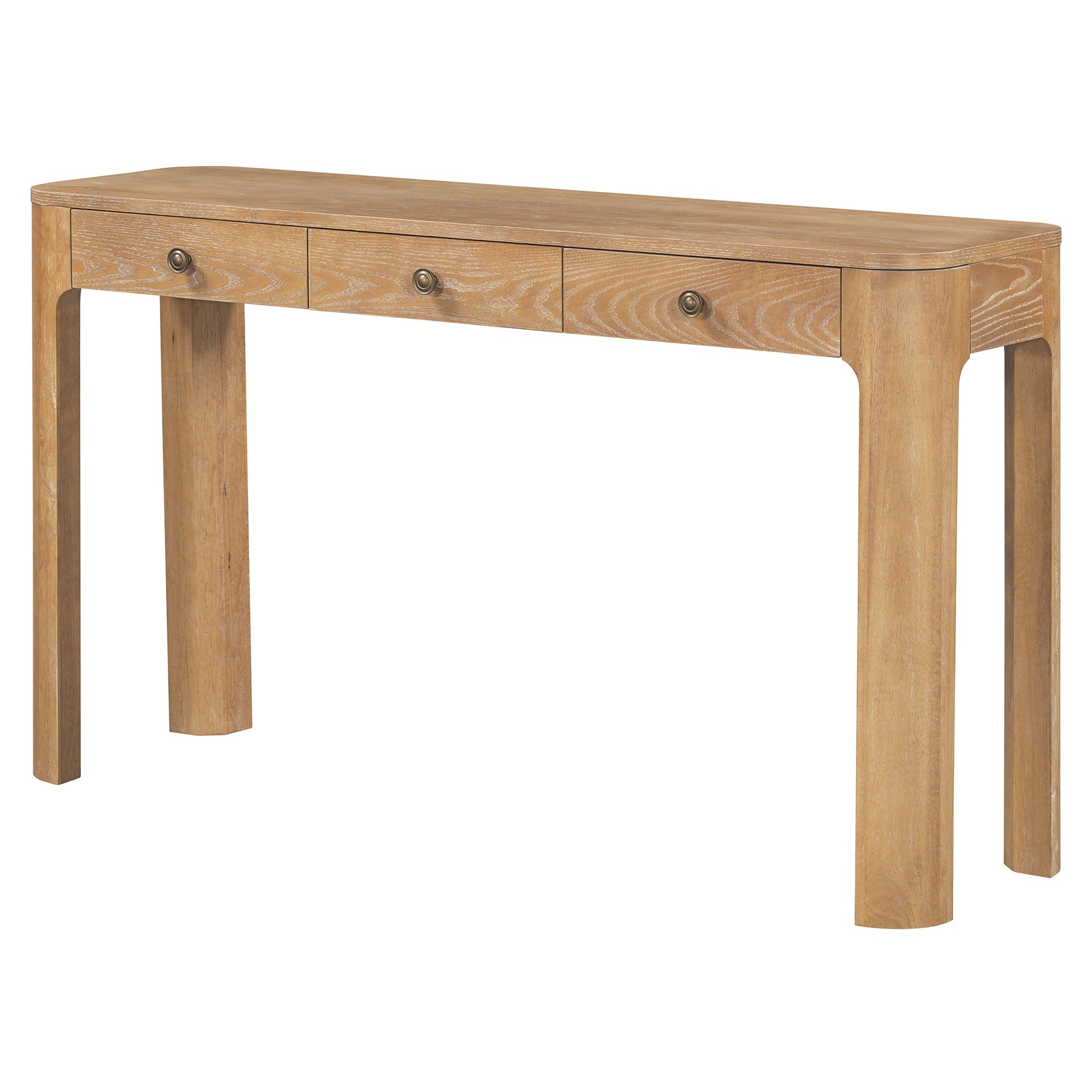TREXM Rustic Console Table with Curved Corners for Safety, Entryway Table with 3 Concealed Drawers, Sturdy Sofa Table with Thick Legs for Hallway & Living Room (Natural)