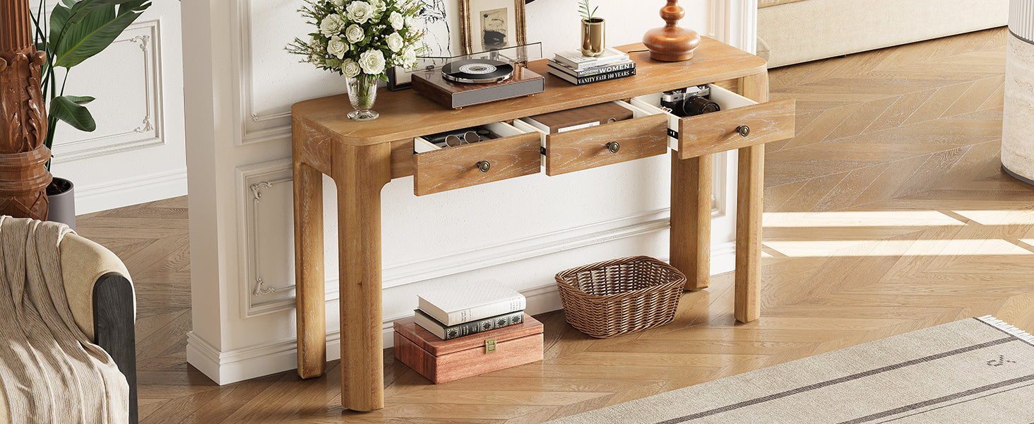 TREXM Rustic Console Table with Curved Corners for Safety, Entryway Table with 3 Concealed Drawers, Sturdy Sofa Table with Thick Legs for Hallway & Living Room (Natural)