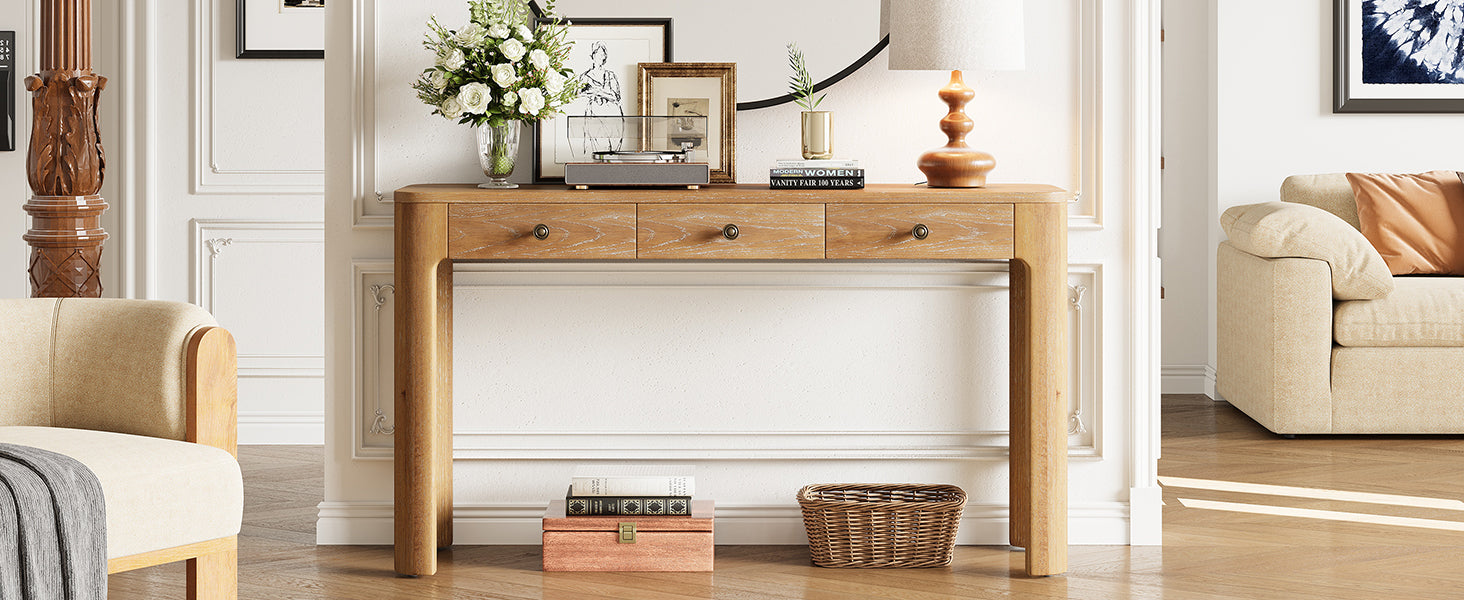 TREXM Rustic Console Table with Curved Corners for Safety, Entryway Table with 3 Concealed Drawers, Sturdy Sofa Table with Thick Legs for Hallway & Living Room (Natural)