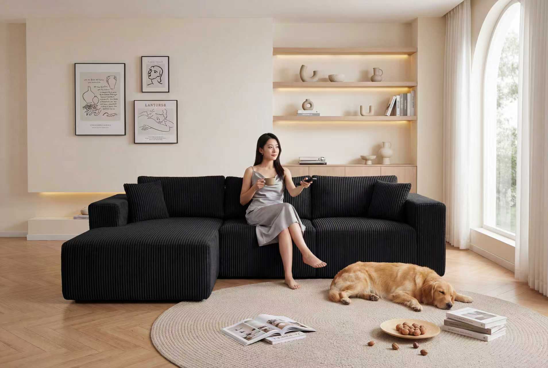 Modular Sectional Sofa, Cloud Sectional Couch with Deep Seat, Modern Modular L-Shape Sofa with Chaise,Upholstered Boneless Couches for Living Room (Corduroy, BLACK)