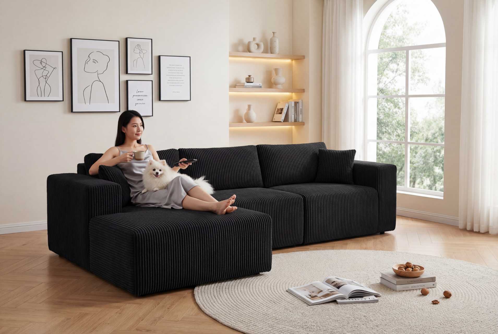 Modular Sectional Sofa, Cloud Sectional Couch with Deep Seat, Modern Modular L-Shape Sofa with Chaise,Upholstered Boneless Couches for Living Room (Corduroy, BLACK)
