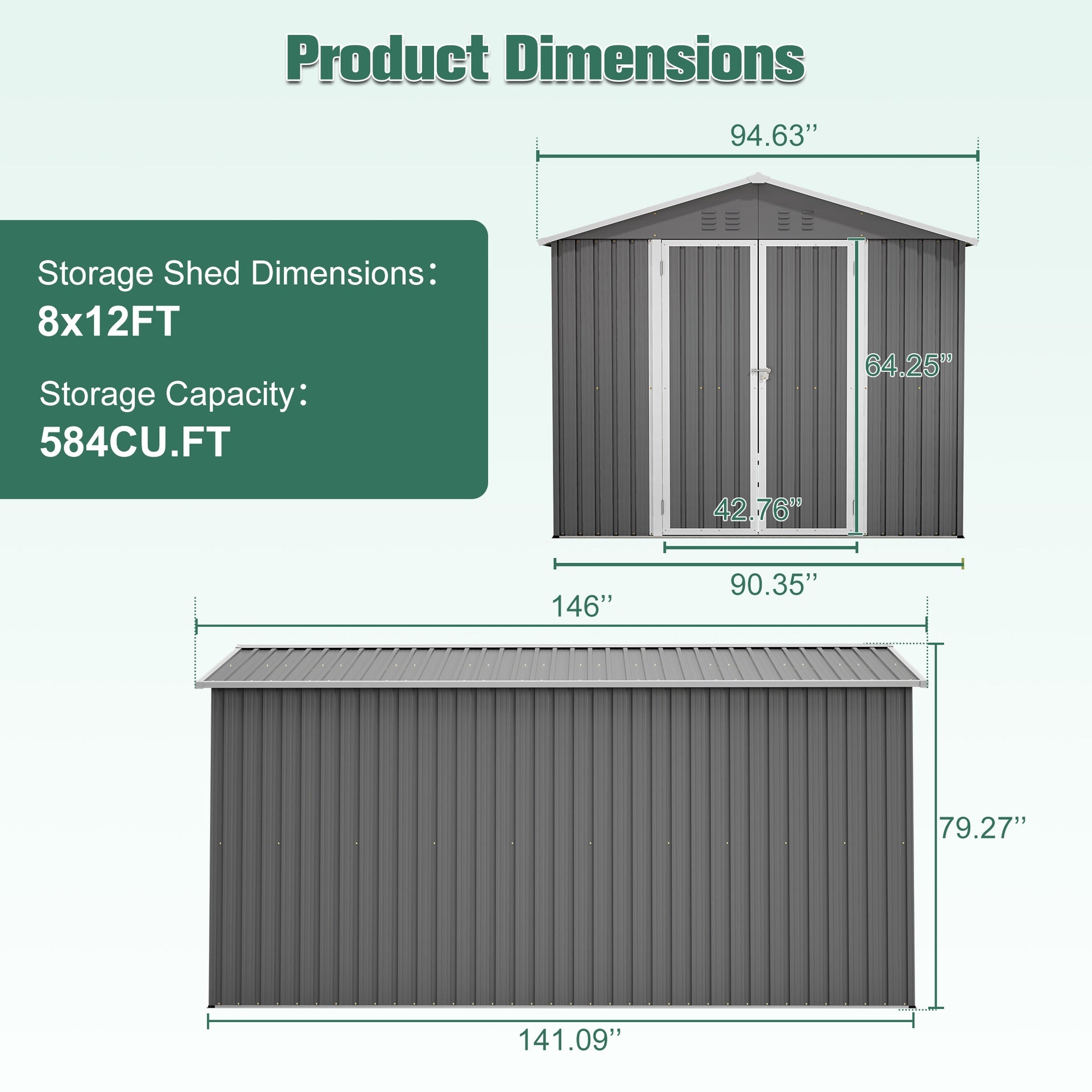 Lockable Secure Metal Shed 8x12 FT - Large Outdoor Storage with Aluminum Frame, Durable Garden Tool Shed for Backyard, Patio, Lawn, Grey