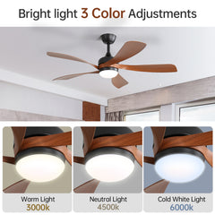 45 Inch Matte Black Ceiling Fan with Dark Wood Grain ABS Blades DC Motor and Integrated Light