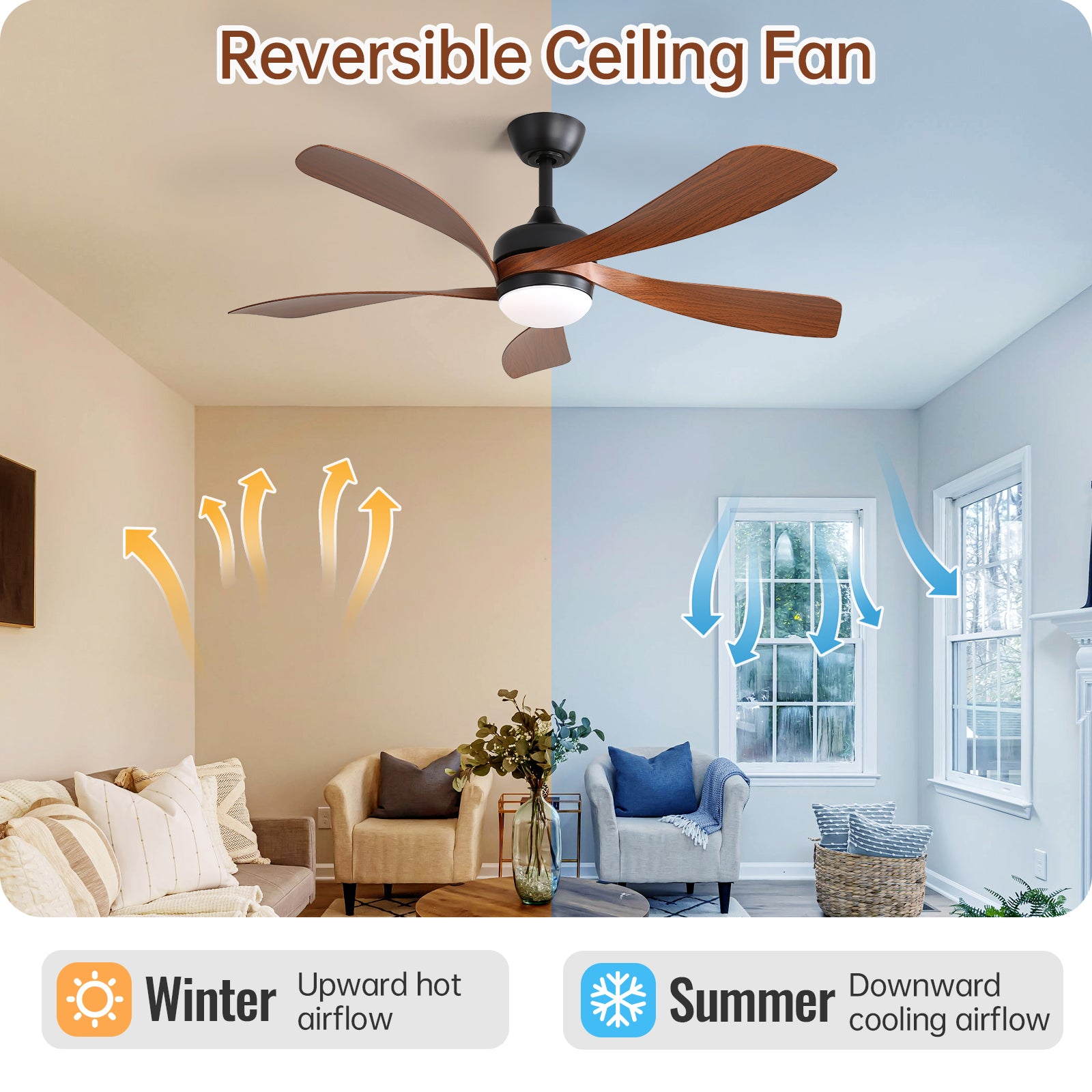 45 Inch Matte Black Ceiling Fan with Dark Wood Grain ABS Blades DC Motor and Integrated Light