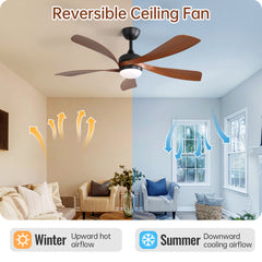 45 Inch Matte Black Ceiling Fan with Dark Wood Grain ABS Blades DC Motor and Integrated Light