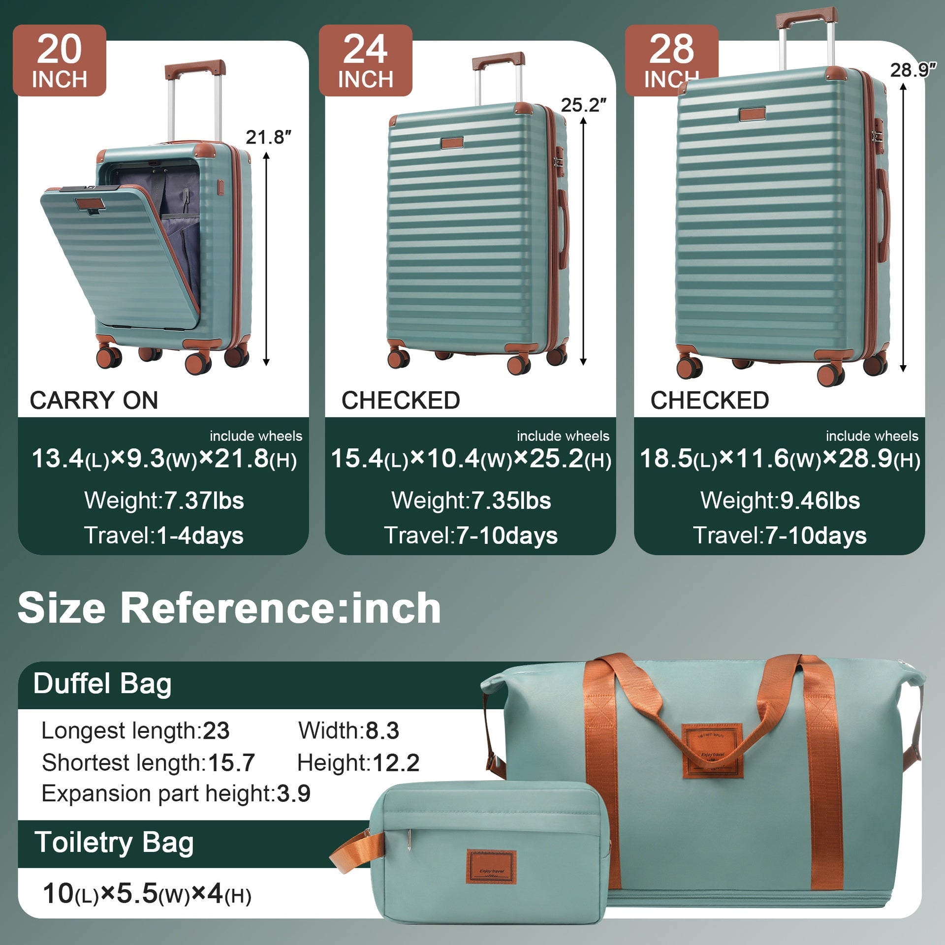 Luggage Sets 5 Piece with Front Opening , Hardside Expandable Carry on Suitcase with Spinner Wheels TSA Lock USB Port  Cup Holder Duffel Bag and Toiletry Bag