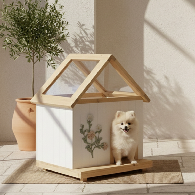 Transparent Roof Pet House with Floral Carving  FSC-Certified Cedar Indoor Shelter for Cats & Small Dogs 24*22*32