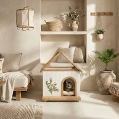 Transparent Roof Pet House with Floral Carving  FSC-Certified Cedar Indoor Shelter for Cats & Small Dogs 24*22*32