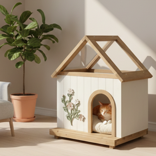 Transparent Roof Pet House with Floral Carving  FSC-Certified Cedar Indoor Shelter for Cats & Small Dogs 24*22*32