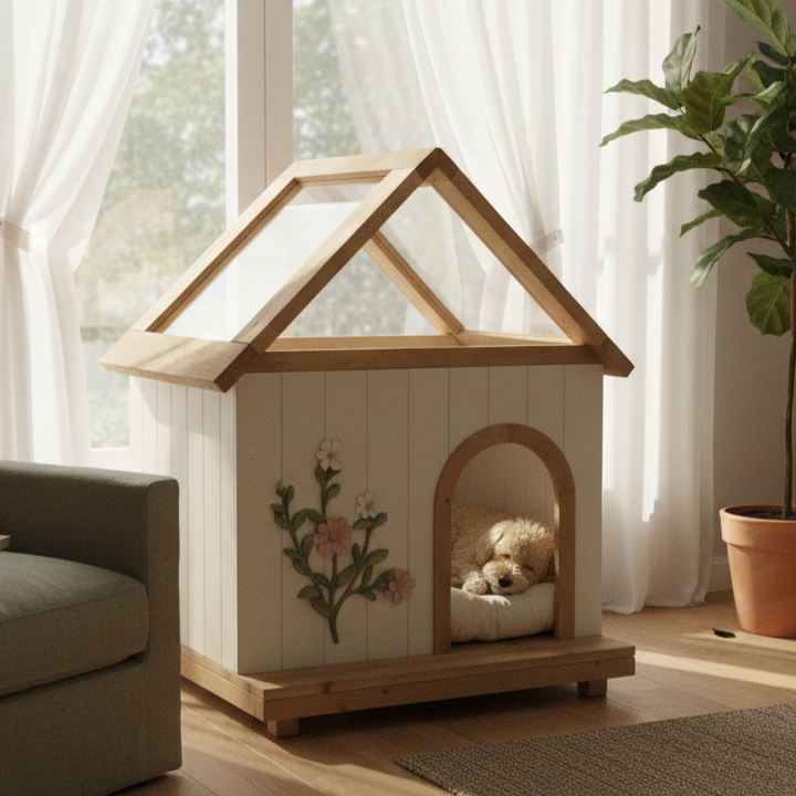Transparent Roof Pet House with Floral Carving  FSC-Certified Cedar Indoor Shelter for Cats & Small Dogs 24*22*32