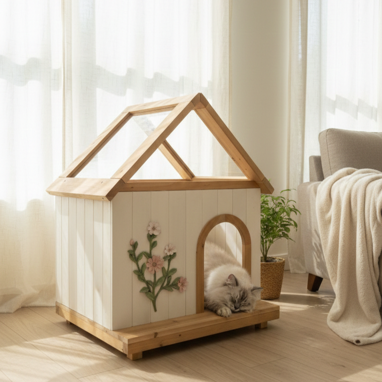 Transparent Roof Pet House with Floral Carving  FSC-Certified Cedar Indoor Shelter for Cats & Small Dogs 24*22*32