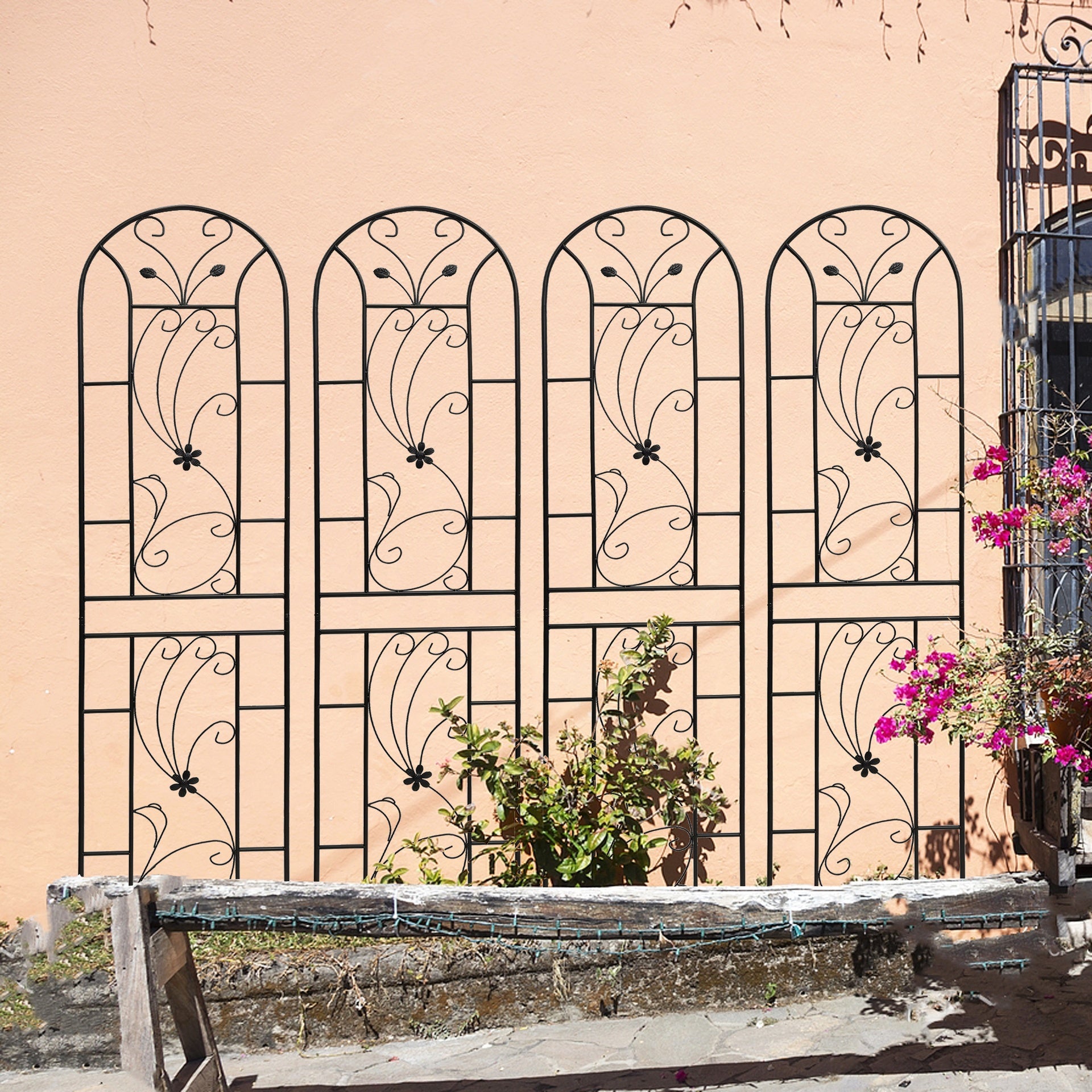 4 Pack Metal Garden Trellis 86.7" x 19.7" Rustproof Trellis for Climbing Plants Outdoor Flower Support Peacock Style Black