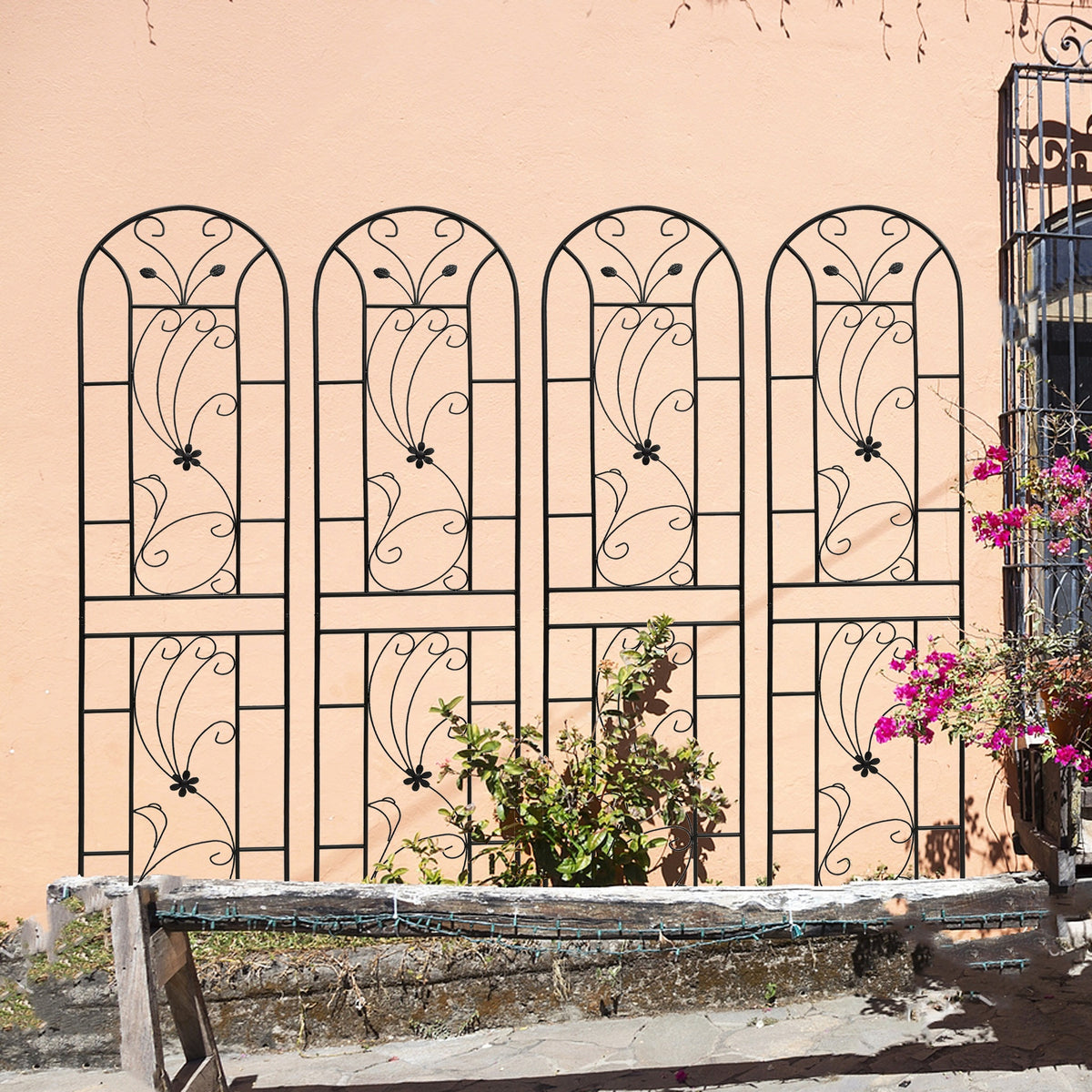 4 Pack Metal Garden Trellis 86.7" x 19.7" Rustproof Trellis for Climbing Plants Outdoor Flower Support Peacock Style Black