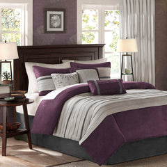7 PC Pieced Faux Suede Comforter Set Purple Cal King