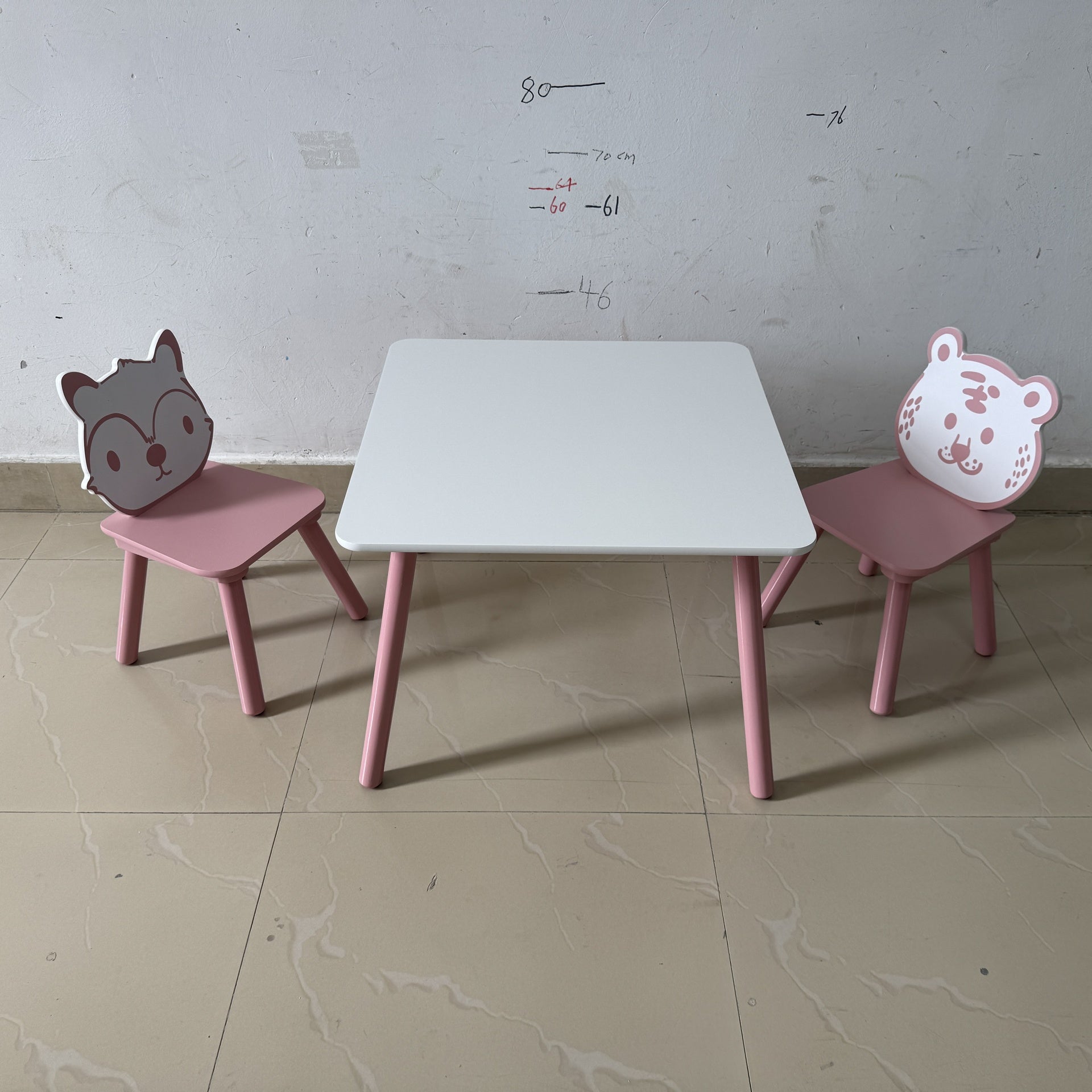 Kids Table and Chair Set, 3-Piece Wooden Toddler Desk with Animal Backrest, Activity Table for Drawing, Learning,Playroom or Nursery(Pink&White)