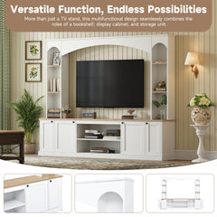 [Assembly Video] Elegant Arched Entertainment Center Wall Unit with Bookshelf, Farmhouse TV Stand with Wood Grain for TVs Up to 70", 91inch Media Console with Adjustable Shelves for Living Room, White