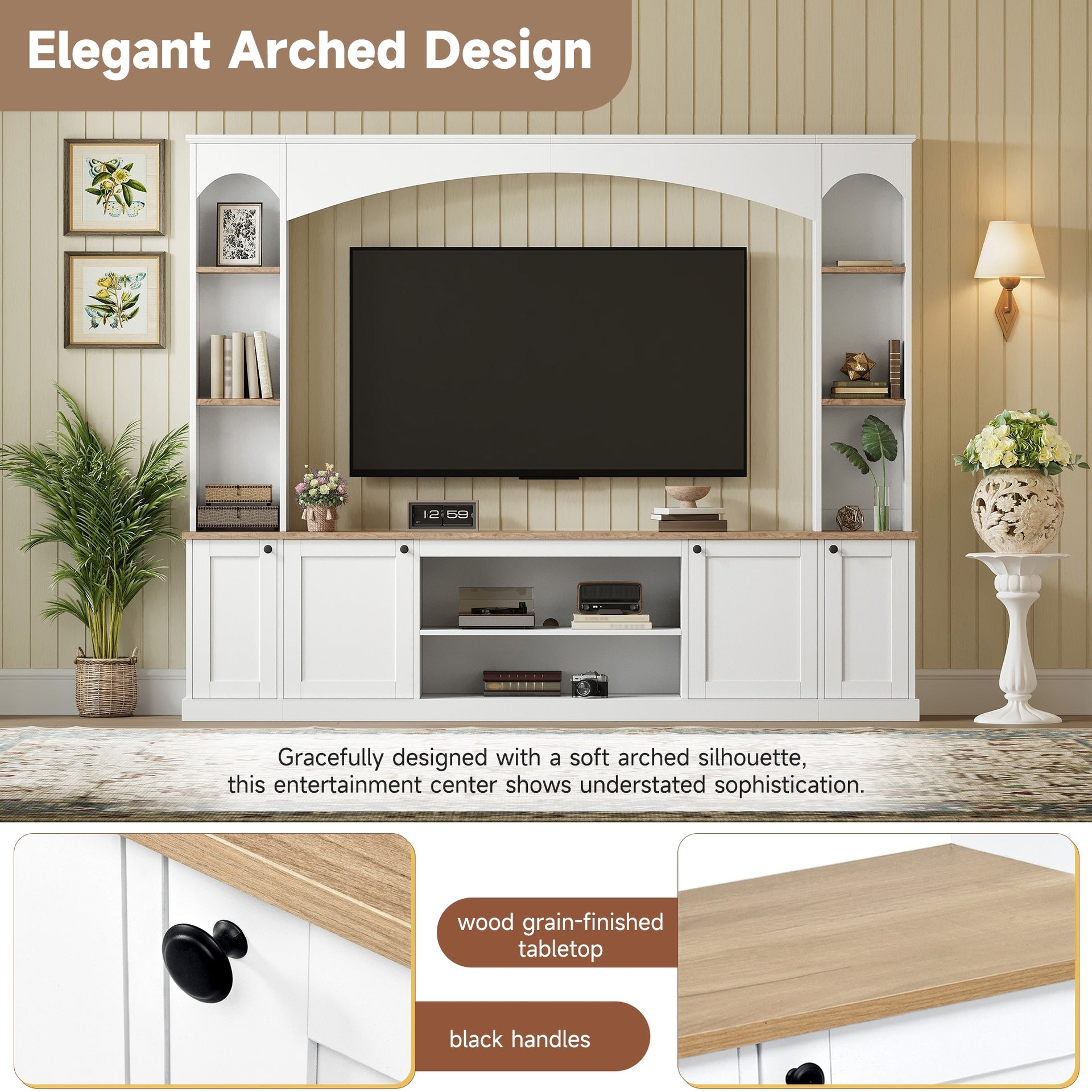 [Assembly Video] Elegant Arched Entertainment Center Wall Unit with Bookshelf, Farmhouse TV Stand with Wood Grain for TVs Up to 70", 91inch Media Console with Adjustable Shelves for Living Room, White