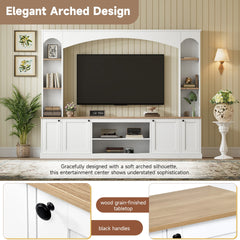 [Assembly Video] Elegant Arched Entertainment Center Wall Unit with Bookshelf, Farmhouse TV Stand with Wood Grain for TVs Up to 70", 91inch Media Console with Adjustable Shelves for Living Room, White