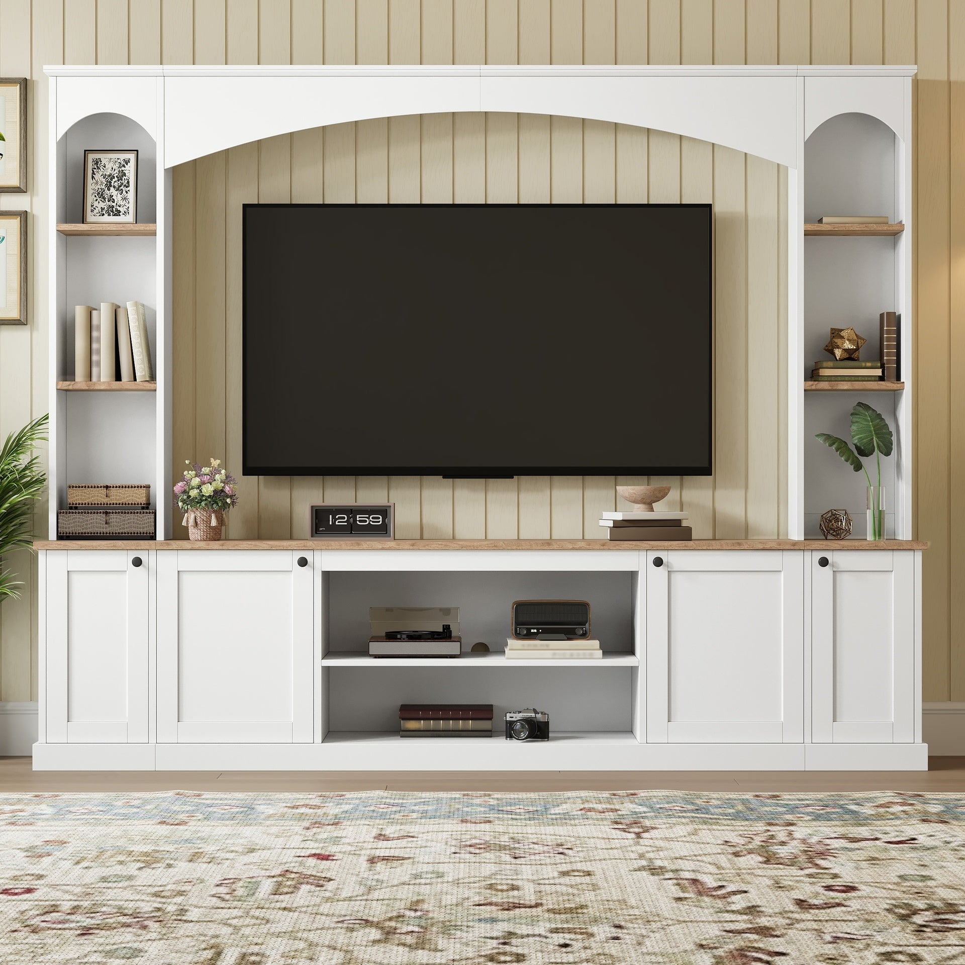 [Assembly Video] Elegant Arched Entertainment Center Wall Unit with Bookshelf, Farmhouse TV Stand with Wood Grain for TVs Up to 70", 91inch Media Console with Adjustable Shelves for Living Room, White