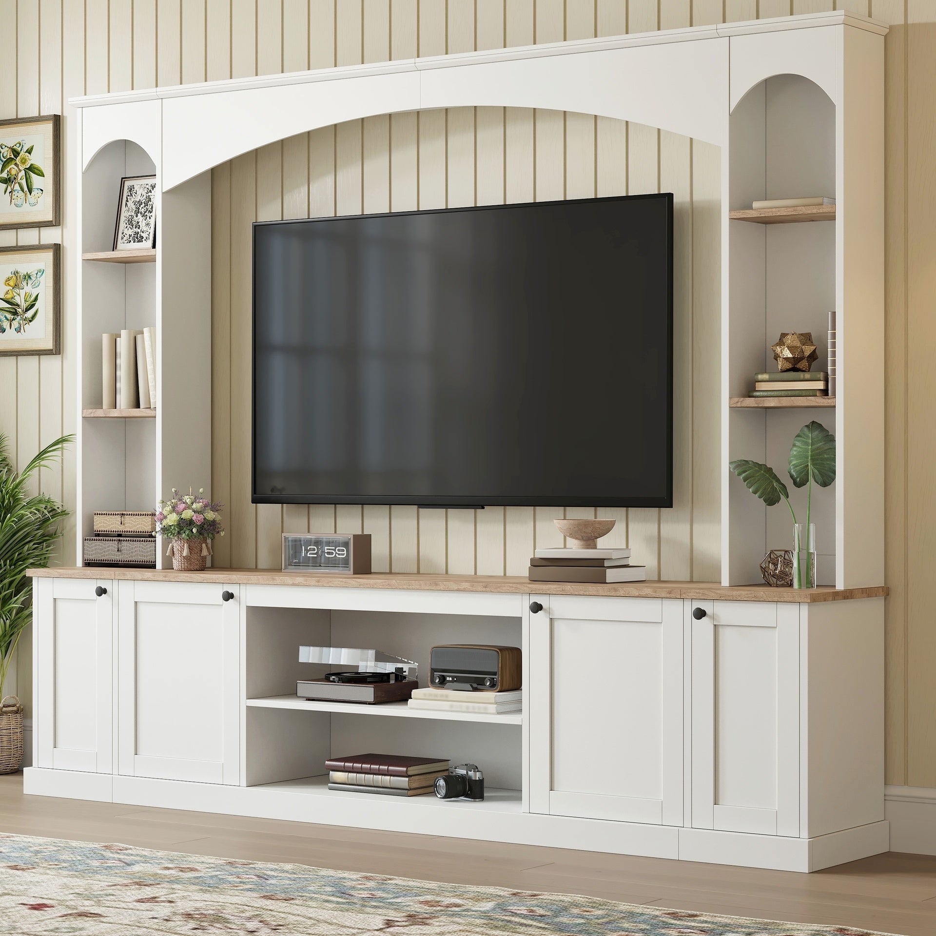 [Assembly Video] Elegant Arched Entertainment Center Wall Unit with Bookshelf, Farmhouse TV Stand with Wood Grain for TVs Up to 70", 91inch Media Console with Adjustable Shelves for Living Room, White