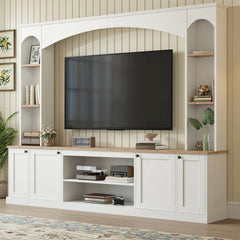 [Assembly Video] Elegant Arched Entertainment Center Wall Unit with Bookshelf, Farmhouse TV Stand with Wood Grain for TVs Up to 70", 91inch Media Console with Adjustable Shelves for Living Room, White
