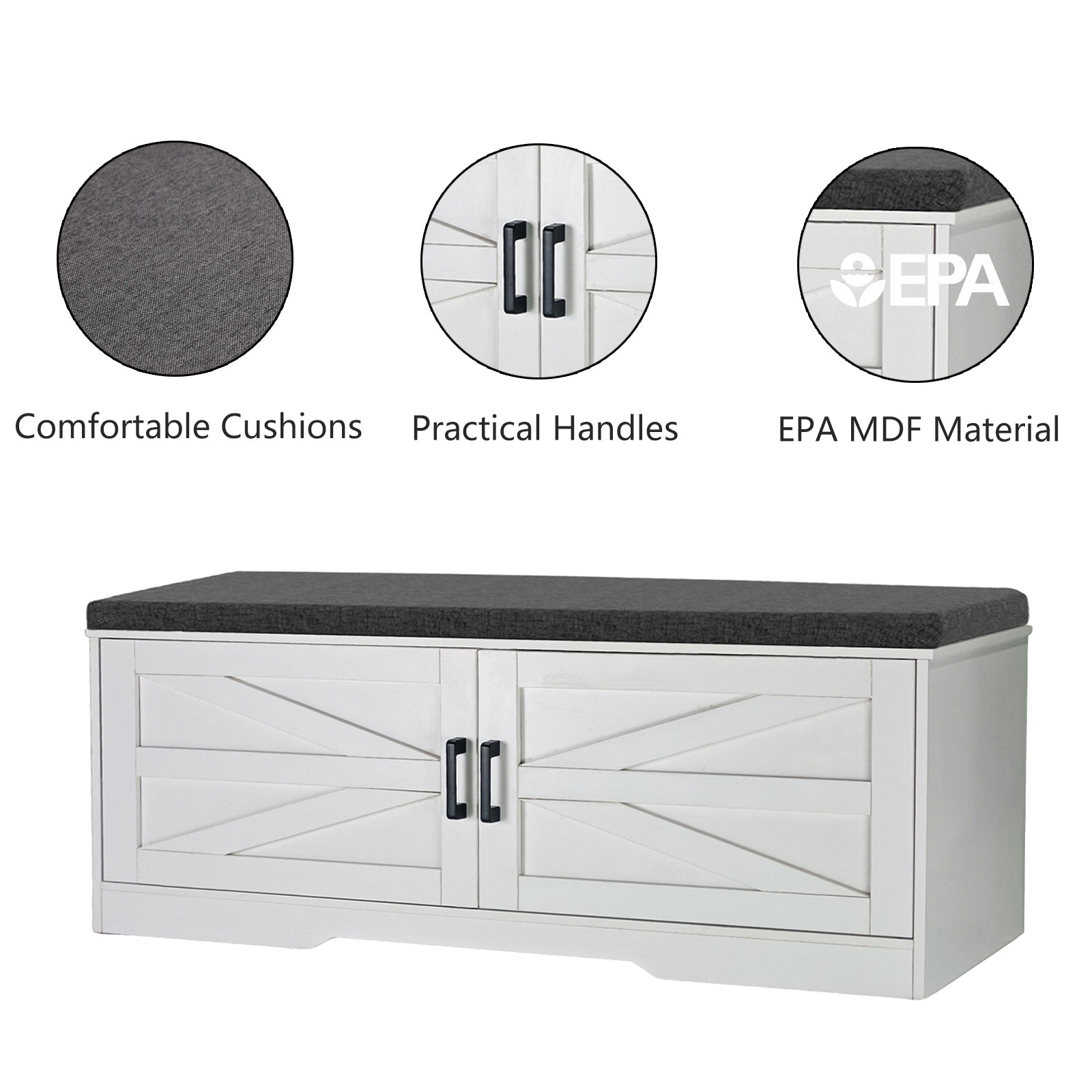 2-Tier Storage Bench, Farmhouse Shoe Bench with Padded Seat Cushion, Entryway Bench with 2 Barn Doors & 2 Adjustable Shelves, 13.75" D x 39.4" W x 17.72" H, for Entryway, Bedroom, Living Room, White
