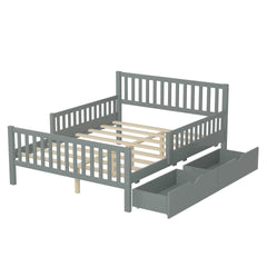 Full Size Wood Platform Bed with Guardrails on Both Sides and Two Storage Drawers, Gray