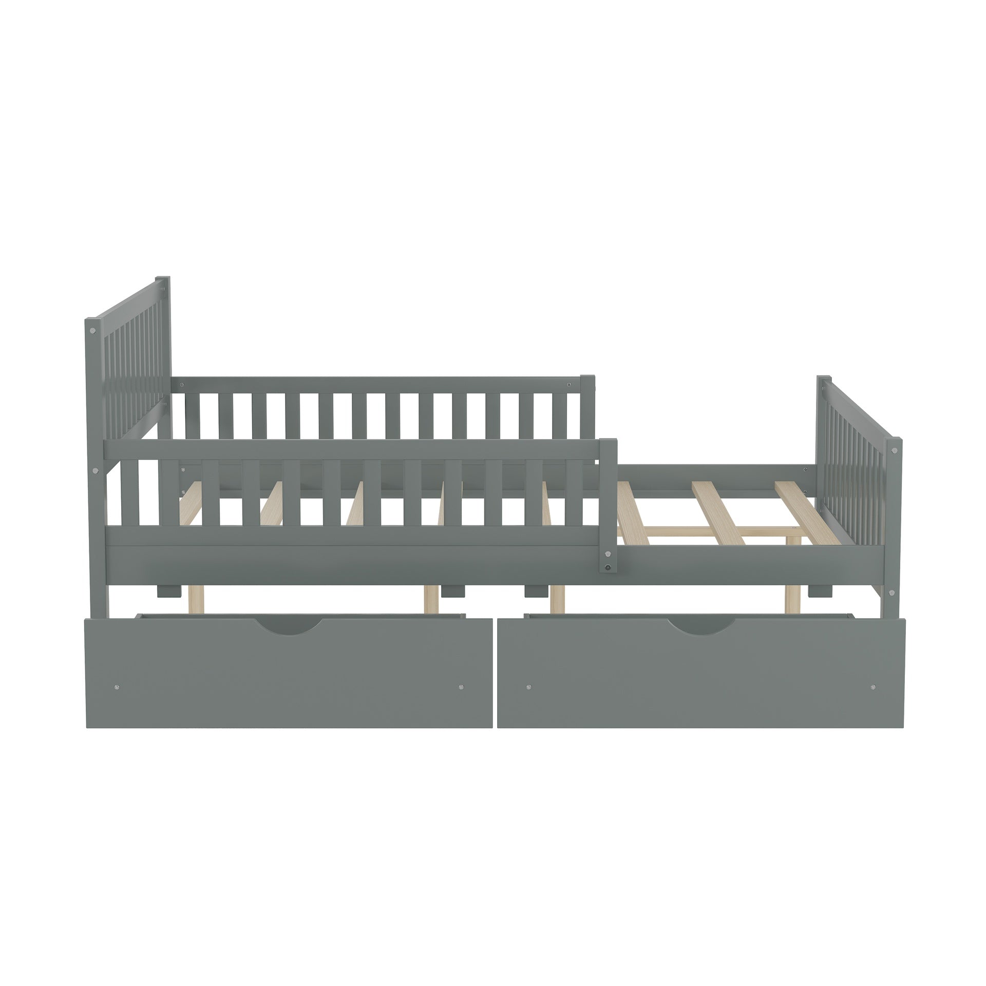 Full Size Wood Platform Bed with Guardrails on Both Sides and Two Storage Drawers, Gray
