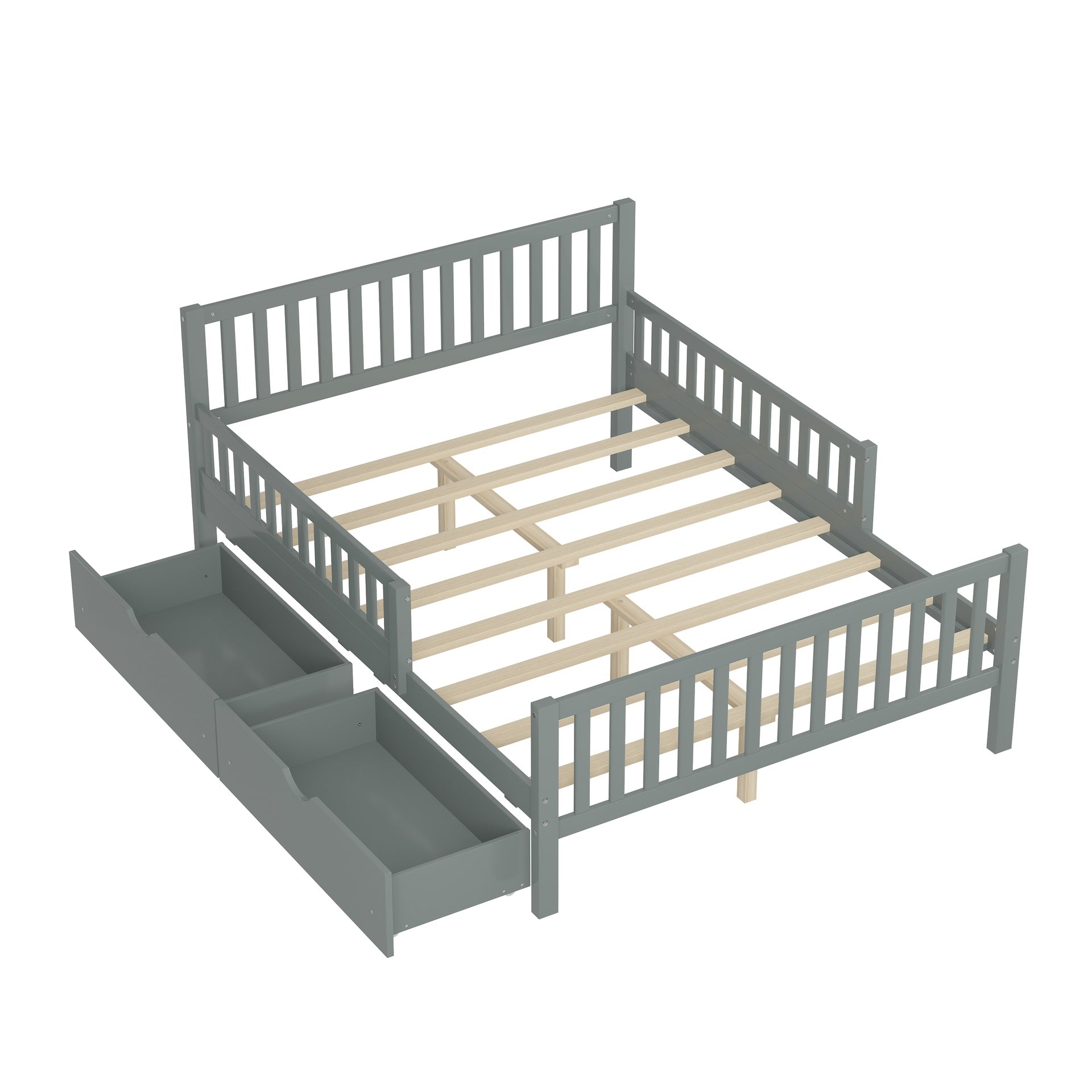 Full Size Wood Platform Bed with Guardrails on Both Sides and Two Storage Drawers, Gray