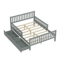Full Size Wood Platform Bed with Guardrails on Both Sides and Two Storage Drawers, Gray