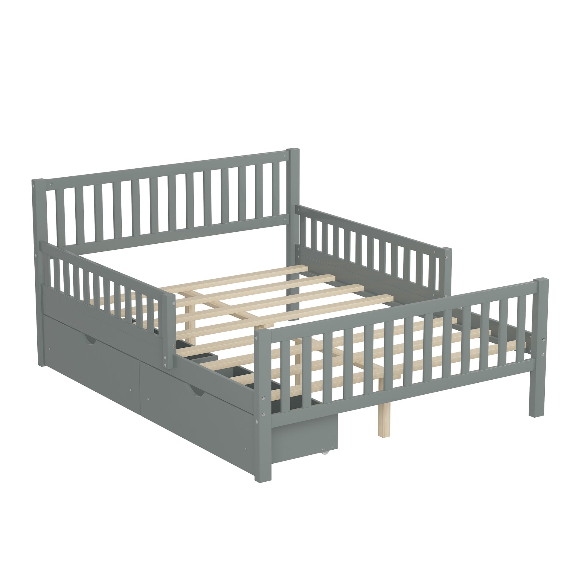 Full Size Wood Platform Bed with Guardrails on Both Sides and Two Storage Drawers, Gray