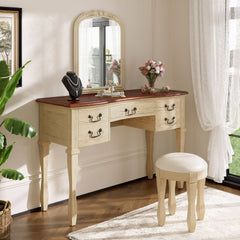 46 inch   Vintage Makeup Vanity with  Curved Flower Frame Mirror, Elegant Dressing Table with 5 Drawers and Leather Stool, Vanity Desk with Solid Wood Legs and Antique Handles for Bedroom