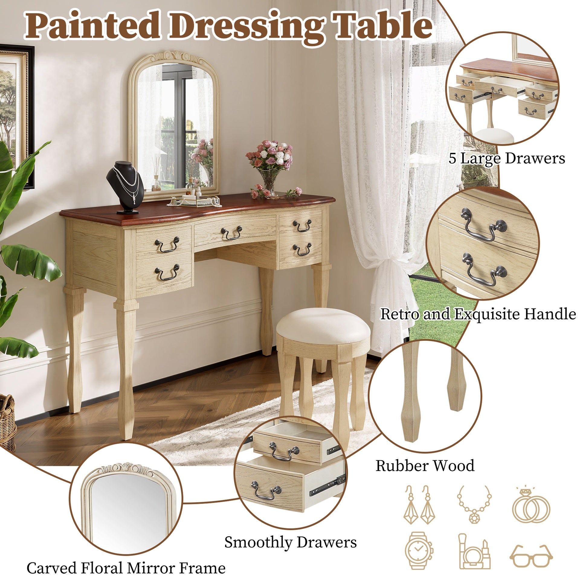 46 inch   Vintage Makeup Vanity with  Curved Flower Frame Mirror, Elegant Dressing Table with 5 Drawers and Leather Stool, Vanity Desk with Solid Wood Legs and Antique Handles for Bedroom
