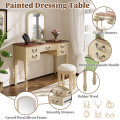 46 inch   Vintage Makeup Vanity with  Curved Flower Frame Mirror, Elegant Dressing Table with 5 Drawers and Leather Stool, Vanity Desk with Solid Wood Legs and Antique Handles for Bedroom