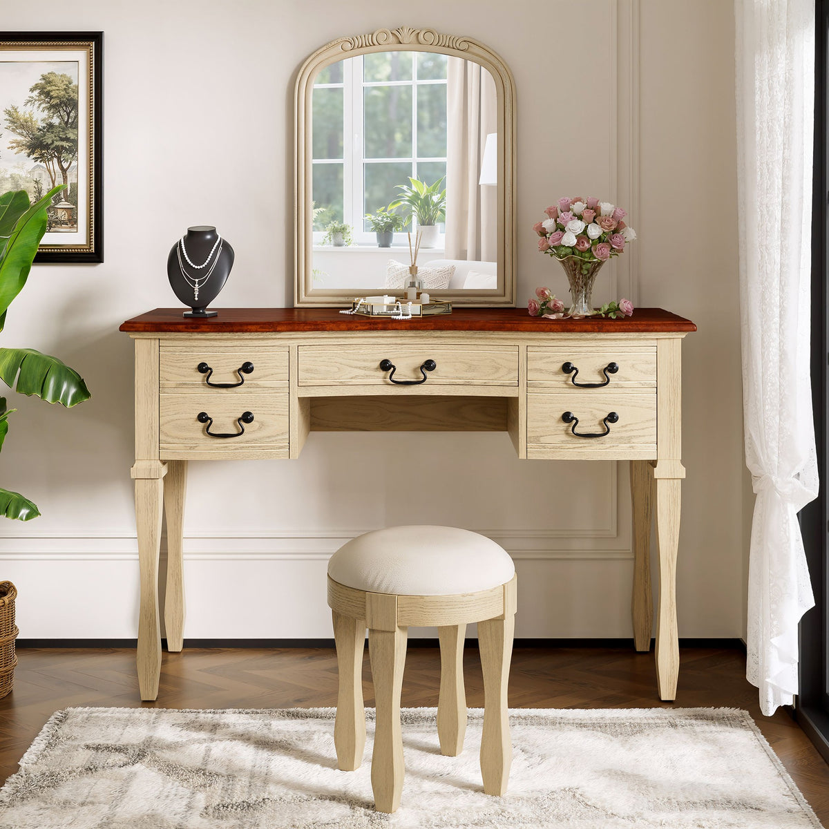 46 inch   Vintage Makeup Vanity with  Curved Flower Frame Mirror, Elegant Dressing Table with 5 Drawers and Leather Stool, Vanity Desk with Solid Wood Legs and Antique Handles for Bedroom