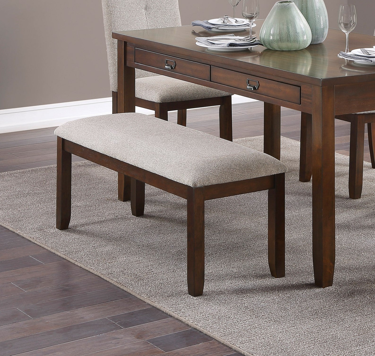 Dark Cherry Finish 6pc Dining Set Table Bench and 4 Side Chair Chenille Upholstery Functional Drawers Table Wooden Funiture Dining Kitchen Set