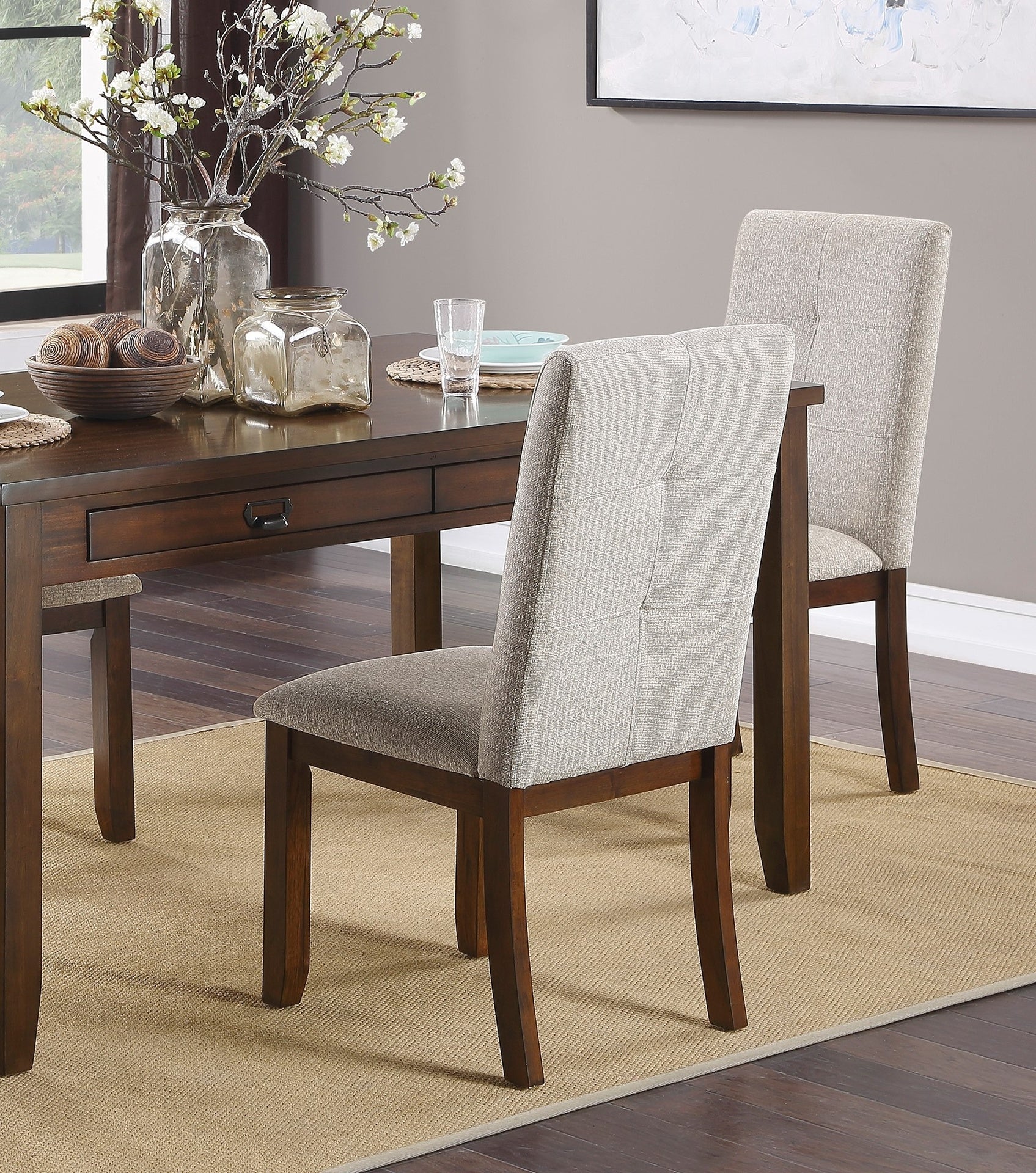 Dark Cherry Finish 6pc Dining Set Table Bench and 4 Side Chair Chenille Upholstery Functional Drawers Table Wooden Funiture Dining Kitchen Set