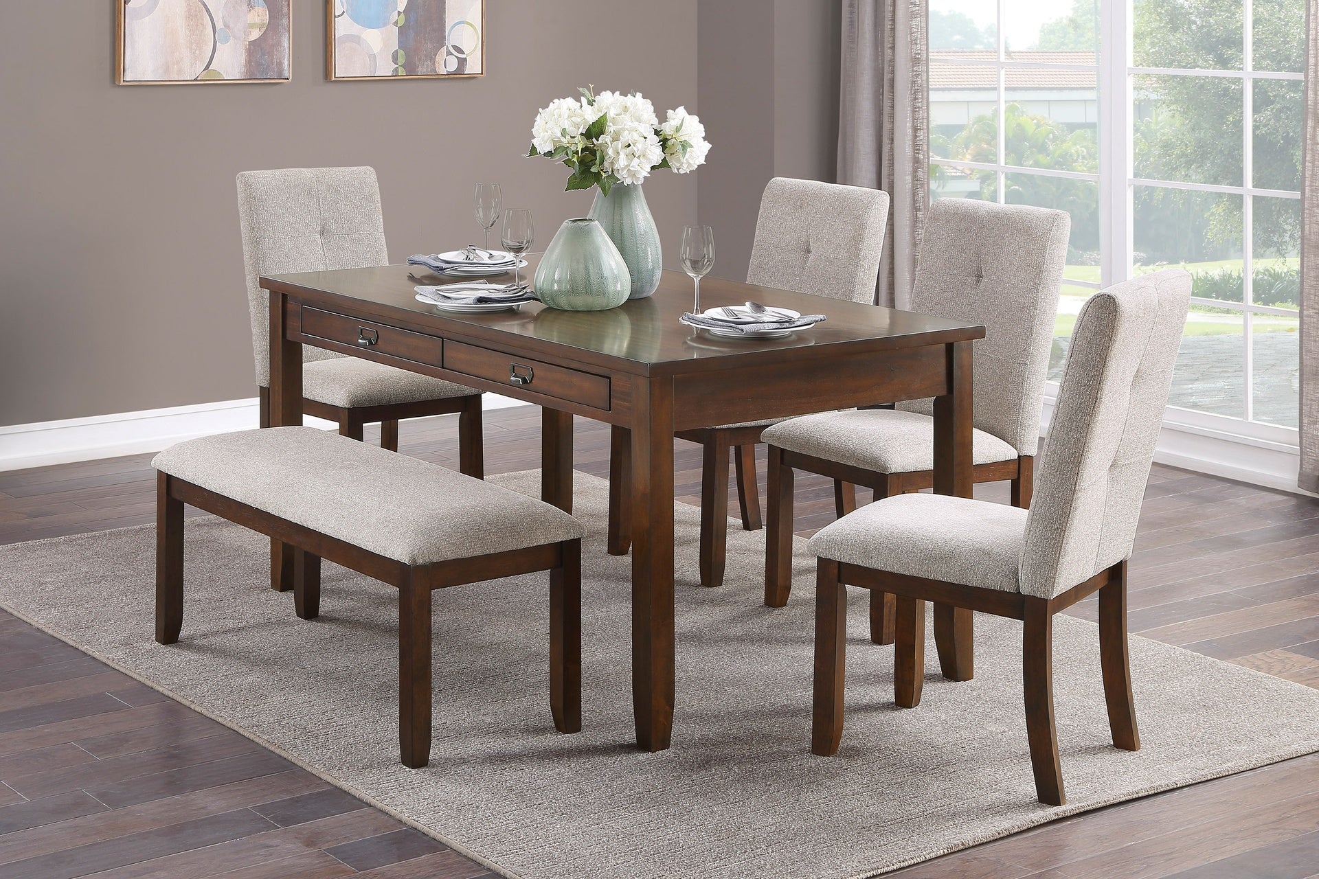 Dark Cherry Finish Wooden Frame 1pc Bench Chenille Upholstery Dining Furniture Kitchen Breakfast