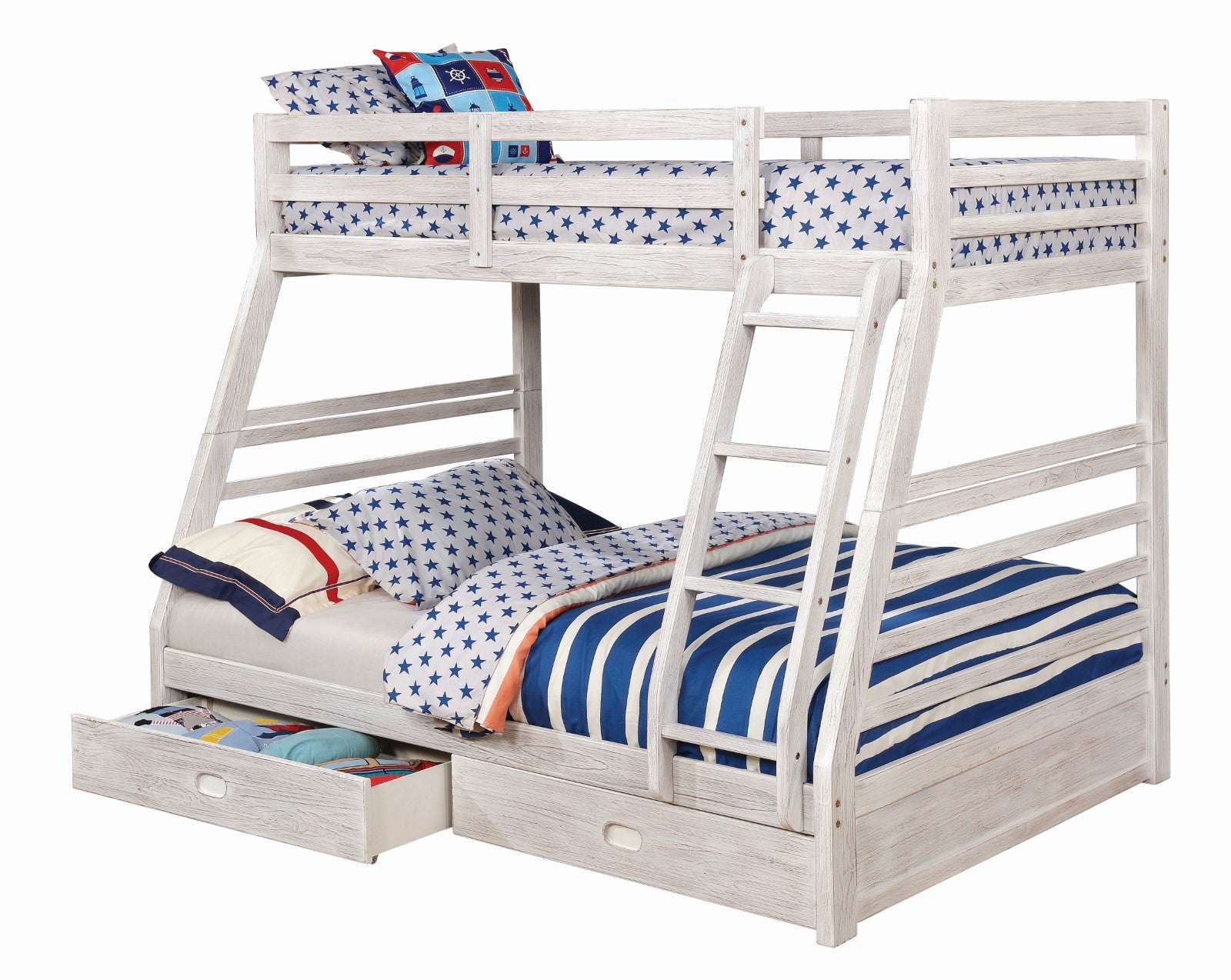 Twin Over Full Transitional Bunk Bed With Two Large Drawers Attached Ladder Wire-Brushed White