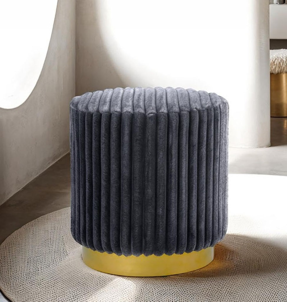 Round Accent Stool Gold Base Stainless Steel Fur Fabric Contemporary Dark Gray Finish Primary Living Room